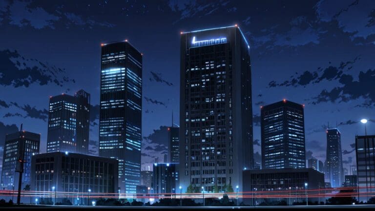 Ciudad moderna de noche con luces de oficina brillantes, simbolizando el auge tecnológico