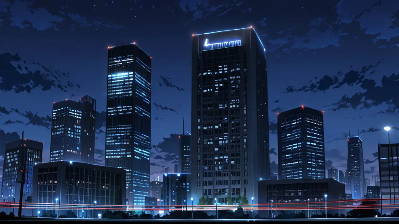 Ciudad moderna de noche con luces de oficina brillantes, simbolizando el auge tecnológico
