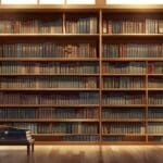 Biblioteca con estanterías llenas de libros iluminada por luz natural suave