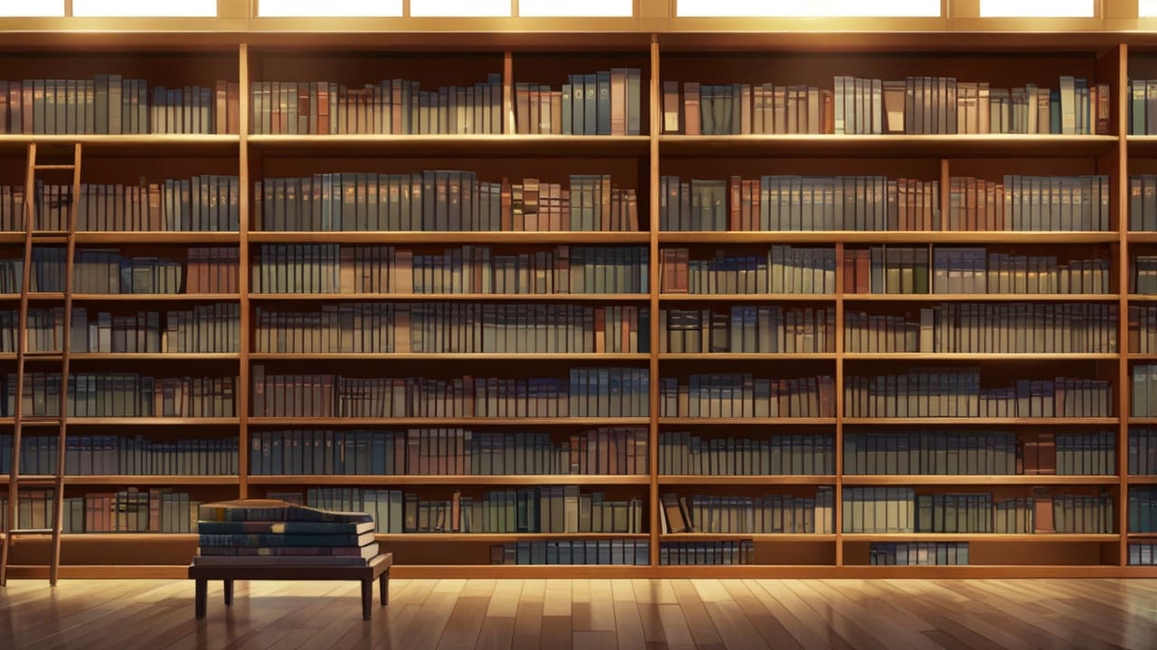 Biblioteca con estanterías llenas de libros iluminada por luz natural suave