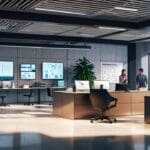 Oficina moderna con equipos de tecnología y un ambiente colaborativo.