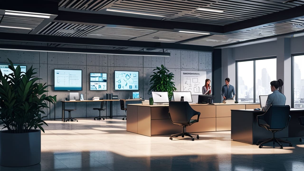 Oficina moderna con equipos de tecnología y un ambiente colaborativo.