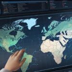 Vista aérea de un moderno centro de control tecnológico con pantallas de datos y mapas