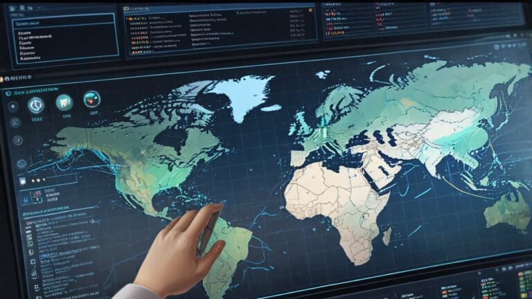 Vista aérea de un moderno centro de control tecnológico con pantallas de datos y mapas