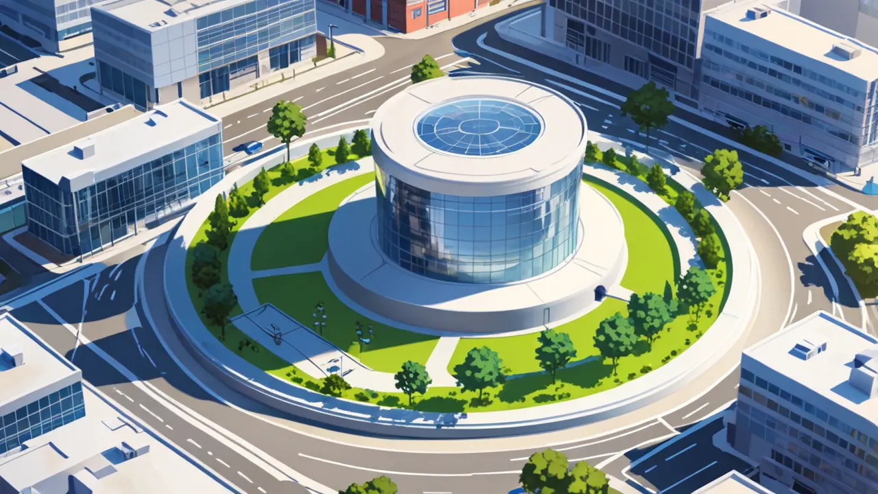 Vista aérea de un moderno centro de innovación con edificios tecnológicos interconectados.