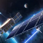 Satélite orbitando la Tierra con paneles solares brillando en el espacio
