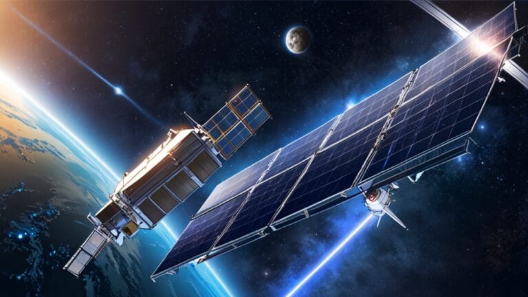 Satélite orbitando la Tierra con paneles solares brillando en el espacio