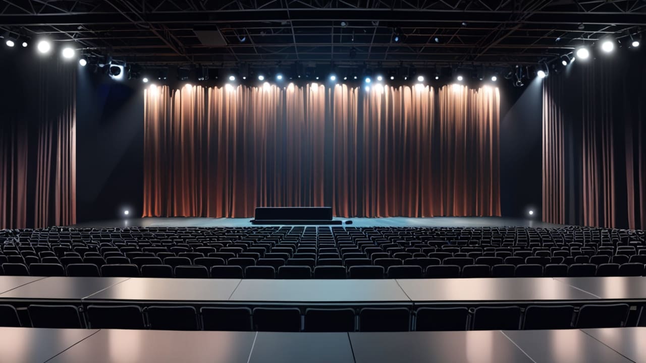 Imagen de un auditorio moderno con un escenario brillante listo para una entrega de premios