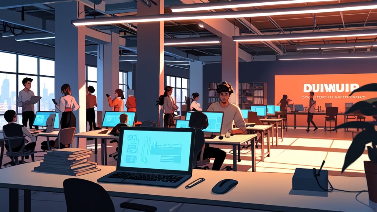 Jóvenes trabajando en un moderno espacio de coworking con laptops y gráficos en pantallas.