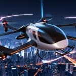 Perspectiva de un moderno eVTOL volando sobre una ciudad futurista iluminada