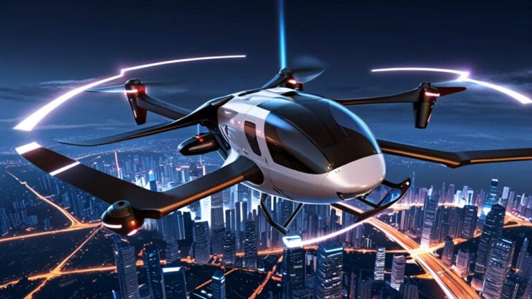 Perspectiva de un moderno eVTOL volando sobre una ciudad futurista iluminada