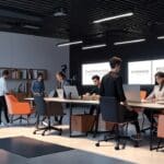 Espacio de trabajo moderno con jóvenes empresarios trabajando en laptops sobre mesas de diseño innovador