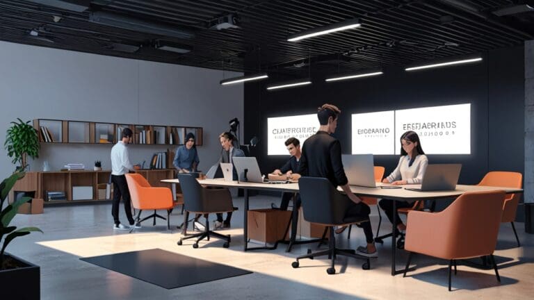 Espacio de trabajo moderno con jóvenes empresarios trabajando en laptops sobre mesas de diseño innovador