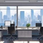 Oficina moderna y minimalista con vista urbana y equipos tecnológicos en escritorios
