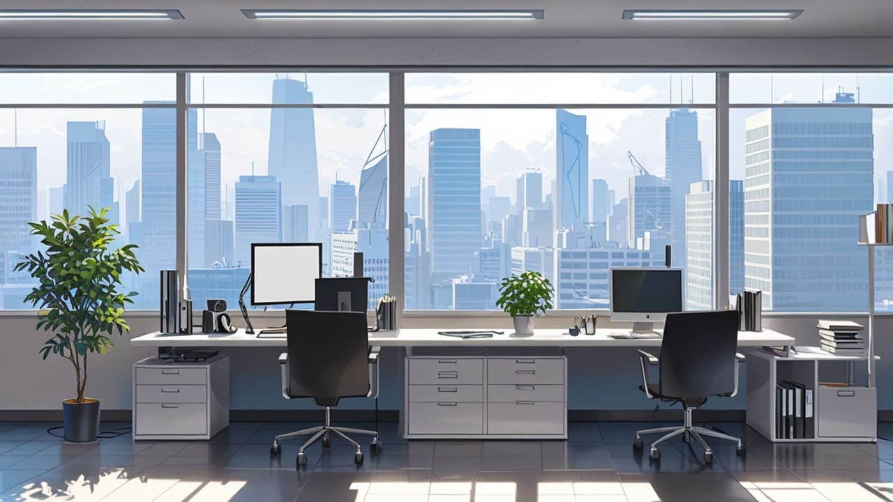 Oficina moderna y minimalista con vista urbana y equipos tecnológicos en escritorios