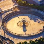 Vista aérea de un parque tecnológico rodeado de infraestructura vial moderna al atardecer.