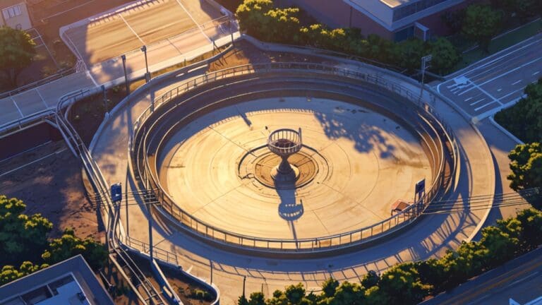 Vista aérea de un parque tecnológico rodeado de infraestructura vial moderna al atardecer.