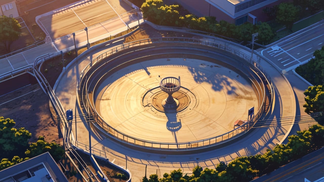 Vista aérea de un parque tecnológico rodeado de infraestructura vial moderna al atardecer.