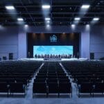 Vista amplia de un moderno centro de conferencias con tecnología avanzada y jóvenes emprendedores.