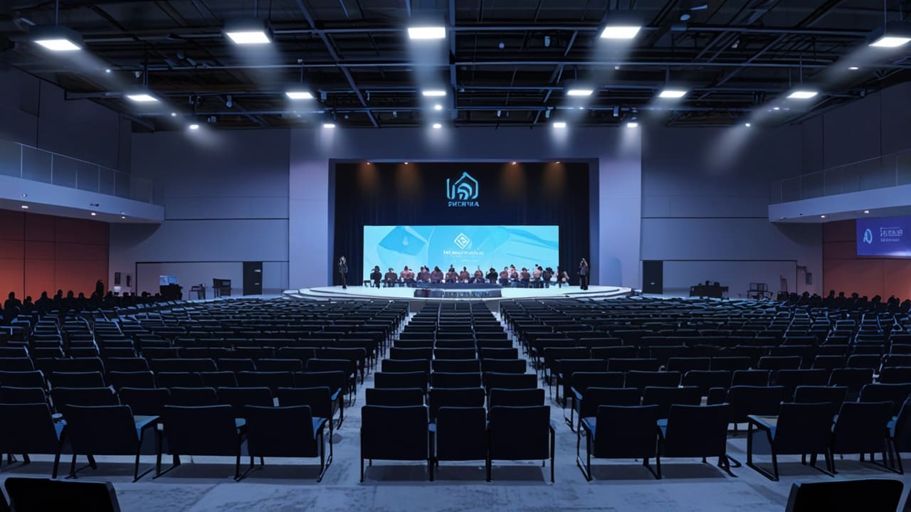 Vista amplia de un moderno centro de conferencias con tecnología avanzada y jóvenes emprendedores.