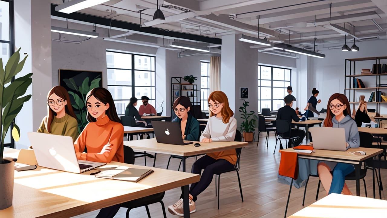 Espacio vibrante de coworking con jóvenes emprendedores trabajando en laptops