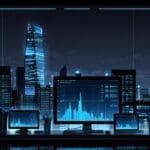 Oficina moderna con pizarras llenas de gráficos financieros y laptops, al fondo, las luces de la ciudad resaltan una atmósfera de decisiones tecnológicas.