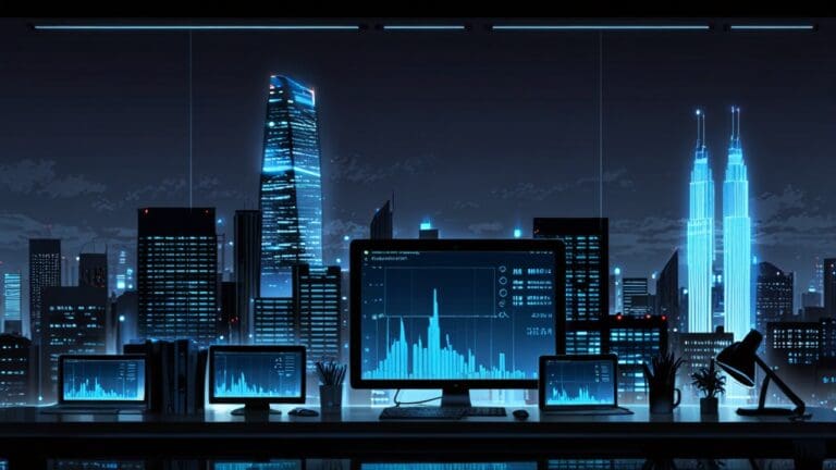 Oficina moderna con pizarras llenas de gráficos financieros y laptops, al fondo, las luces de la ciudad resaltan una atmósfera de decisiones tecnológicas.