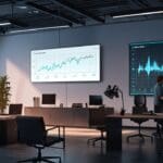 Oficina moderna de una startup tecnológica con gráficos en pantalla