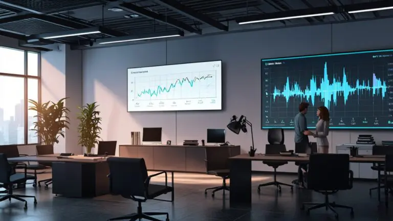 Oficina moderna de una startup tecnológica con gráficos en pantalla