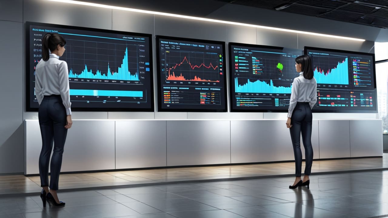 Oficina moderna con pantallas digitales y gráficos financieros en exhibición