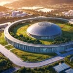 Vista aérea de un centro tecnológico moderno rodeado de vegetación en Galicia al amanecer