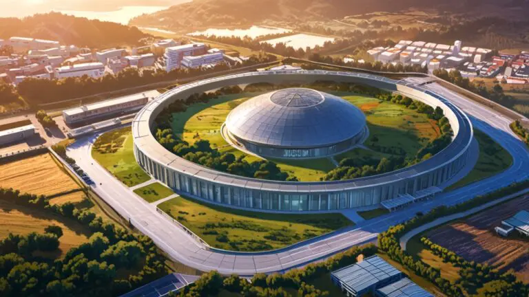 Vista aérea de un centro tecnológico moderno rodeado de vegetación en Galicia al amanecer