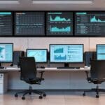 Oficina moderna con computadoras y gráficos financieros en pantallas.