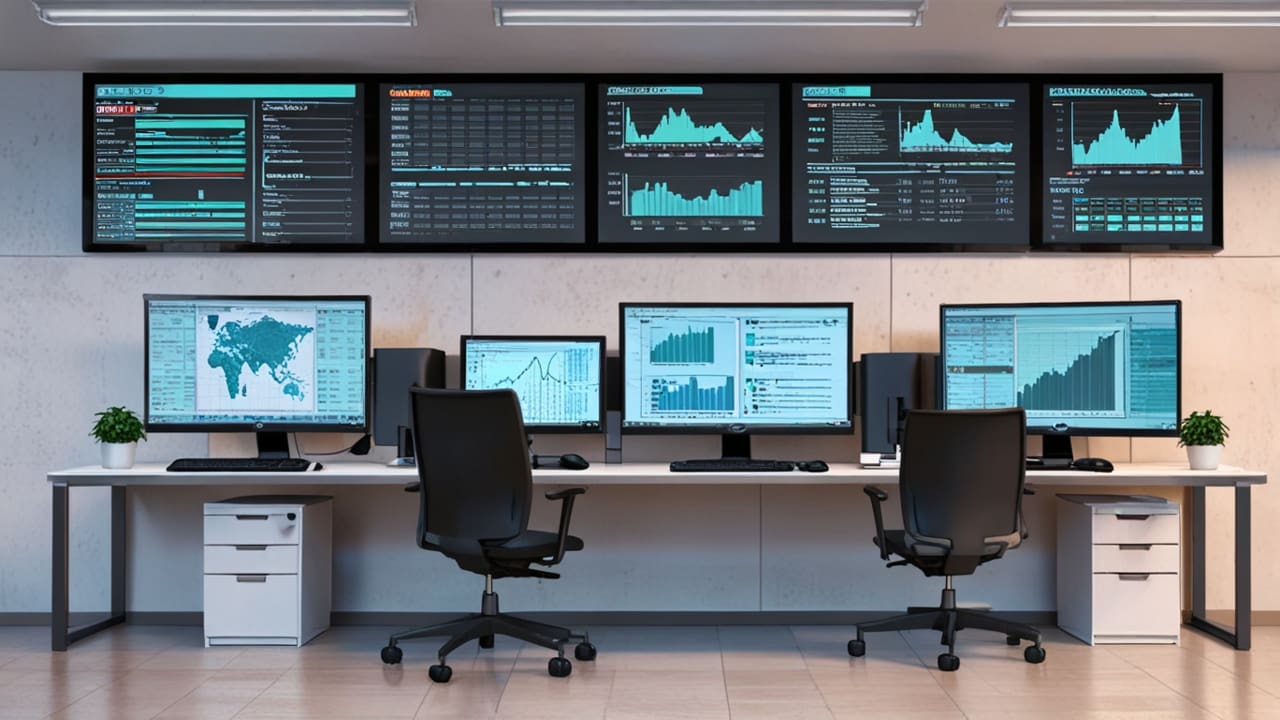 Oficina moderna con computadoras y gráficos financieros en pantallas.