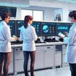 Laboratorio de tecnología acuática con equipos avanzados y pantallas de datos.