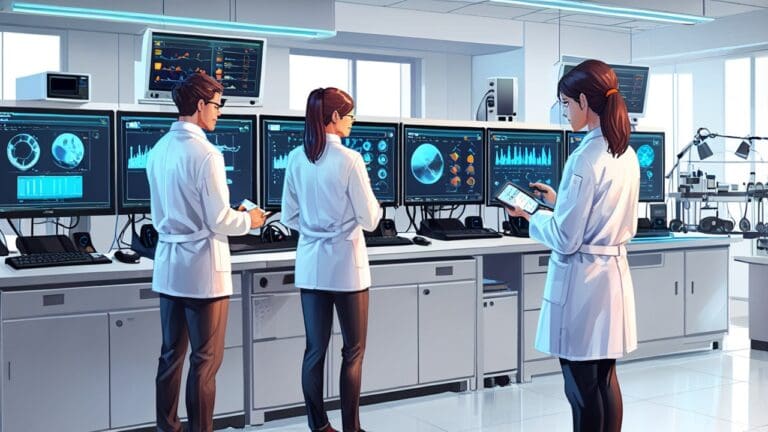 Laboratorio de tecnología acuática con equipos avanzados y pantallas de datos.