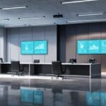 Oficinas modernas de una empresa de asesoría financiera con pantallas tecnológicas