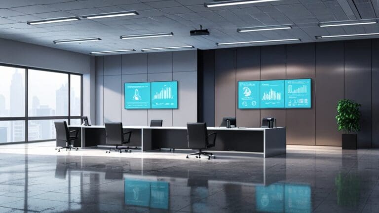 Oficinas modernas de una empresa de asesoría financiera con pantallas tecnológicas