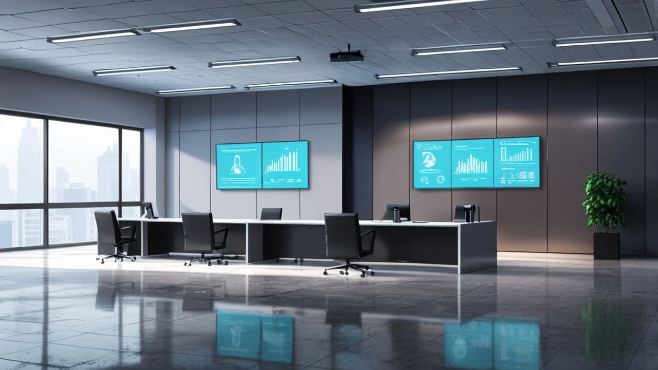 Oficinas modernas de una empresa de asesoría financiera con pantallas tecnológicas