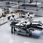 Laboratorio de IA con robots en operación sobre una mesa tecnológica