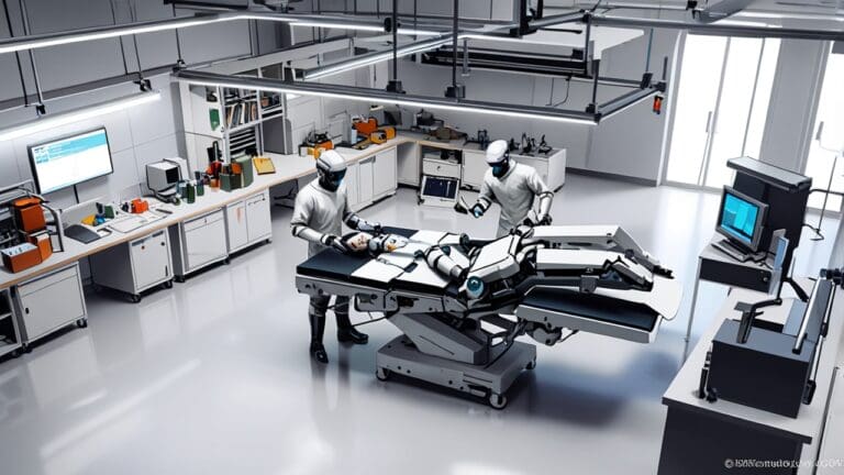 Laboratorio de IA con robots en operación sobre una mesa tecnológica