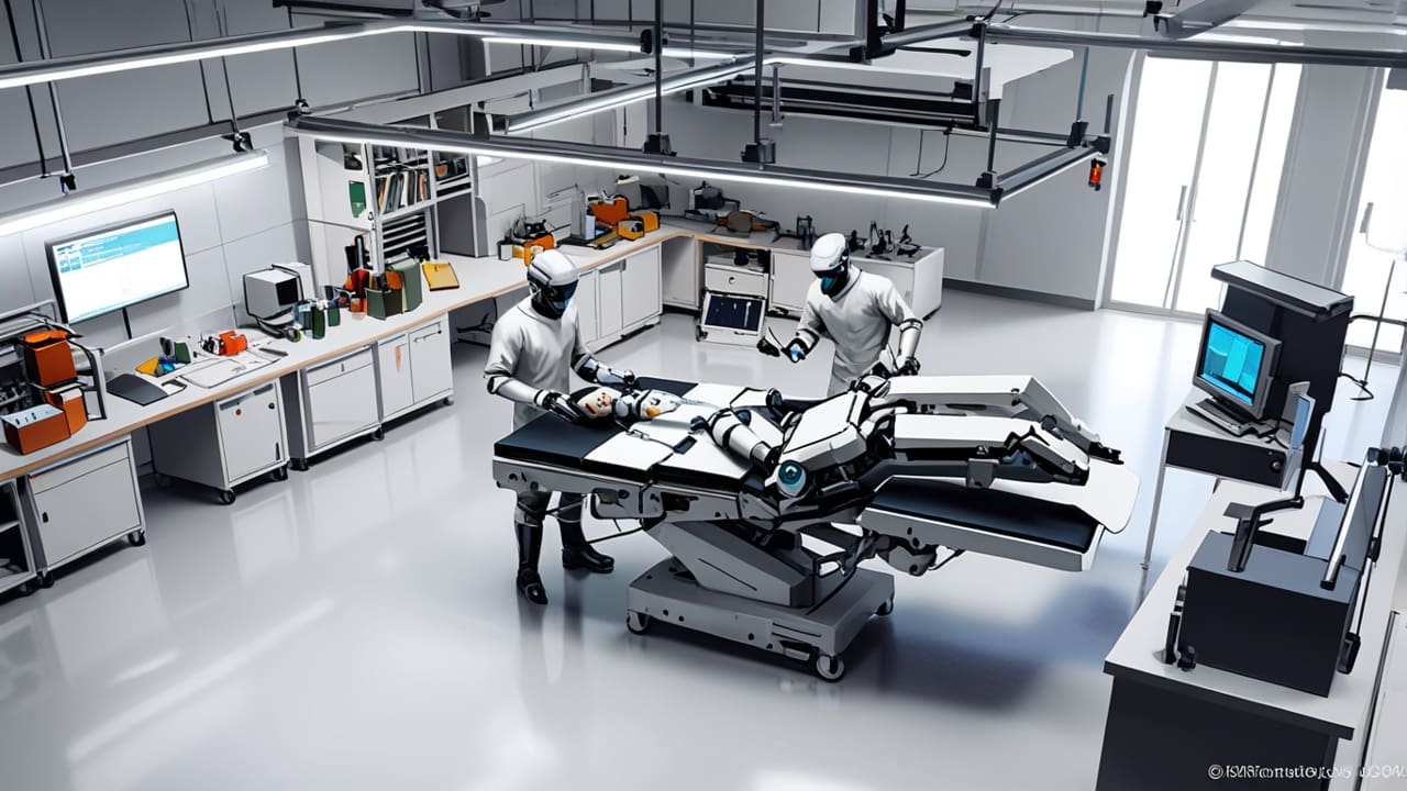 Laboratorio de IA con robots en operación sobre una mesa tecnológica