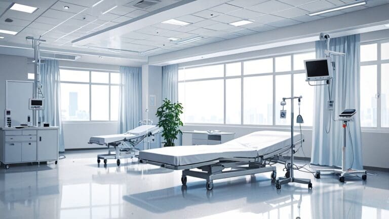 Plano digital de hospital moderno con tecnología avanzada.
