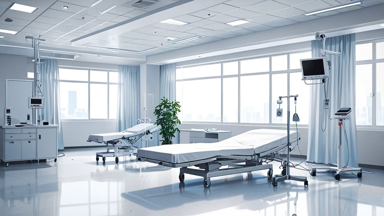 Plano digital de hospital moderno con tecnología avanzada.