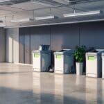 Modulo de reciclaje moderno en una oficina corporativa con pantallas tecnológicas