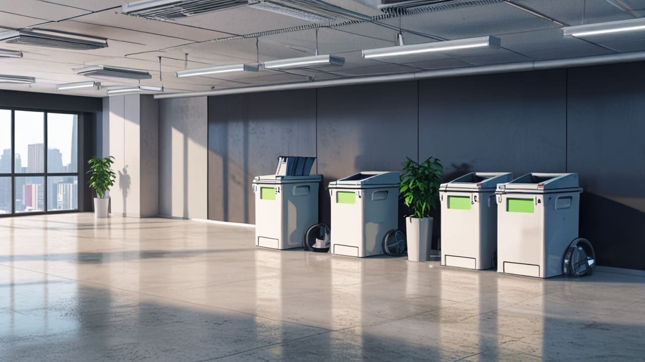 Modulo de reciclaje moderno en una oficina corporativa con pantallas tecnológicas