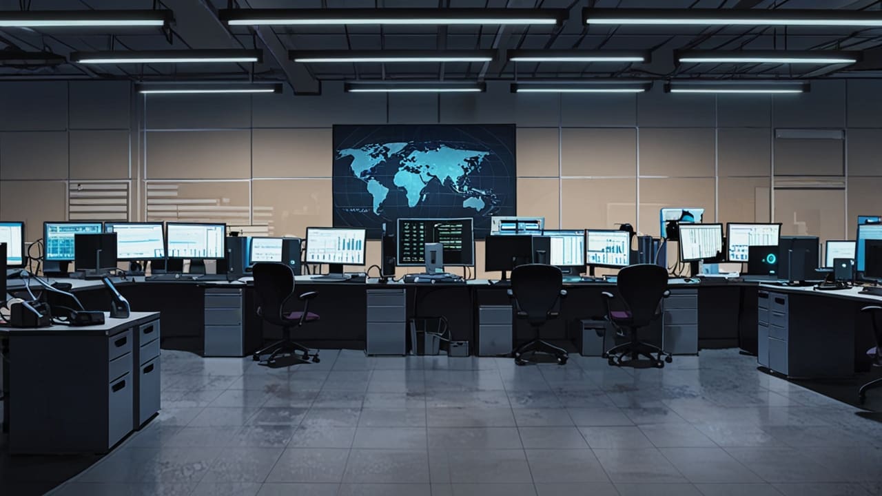 Oficina moderna con equipos tecnológicos, pantallas y gráficos de datos en un entorno urbano