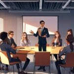 Empresario asesorando a jóvenes emprendedores en una sala de reuniones moderna