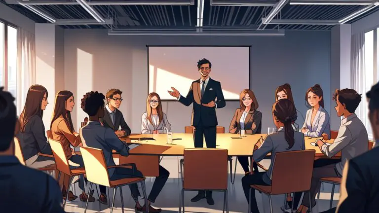 Empresario asesorando a jóvenes emprendedores en una sala de reuniones moderna