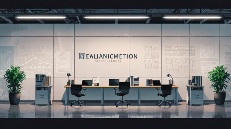 Oficina moderna con elementos tecnológicos y gráficos de crecimiento en pantallas